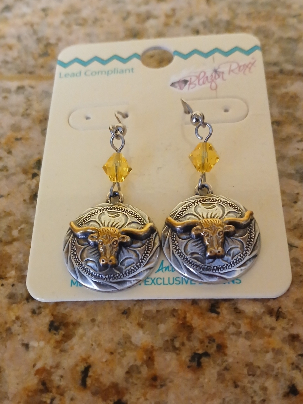 Blazin Roxx Silver-Tone Longhorn Medallion Earrings with Yellow Crystals